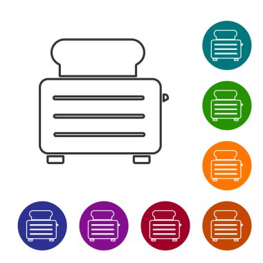 Siyah çizgili tost makinesi beyaz arkaplanda izole edilmiş tost simgesi. Simgeleri renk daire düğmelerine ayarla. Vektör İllüstrasyonu