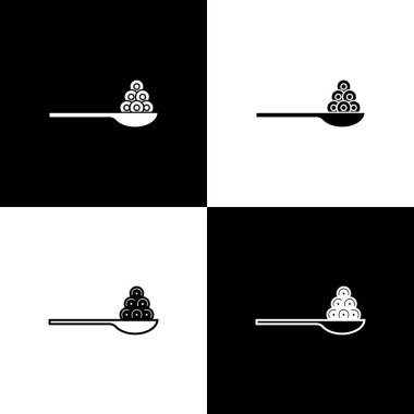 Havyarı siyah beyaz arka planda izole edilmiş bir kaşık simgesine koy. Vektör.