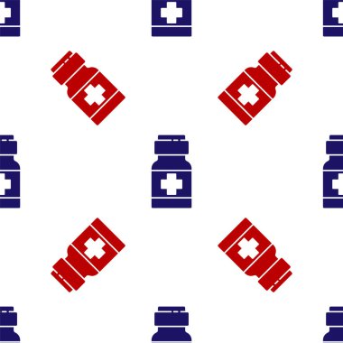 Mavi ve kırmızı ilaç şişesi ve hap ikonu beyaz arka planda izole edilmiş kusursuz desen. İlaç paketi. Tablet, vitamin, antibiyotik, aspirin. Vektör.
