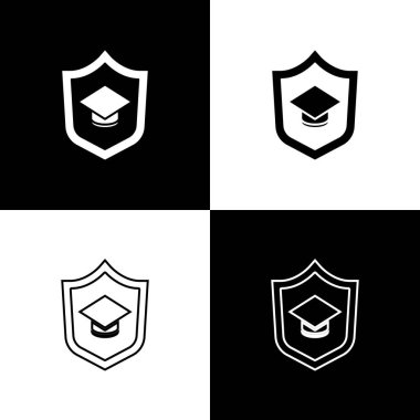 Siyah ve beyaz arkaplanda ayrıştırılmış kalkan simgesine sahip mezuniyet başlığını ayarla. Sigorta konsepti. Güvenlik, güvenlik, koruma, konsept koruma. Vektör.