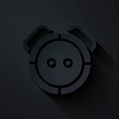 Kağıt kesiği Robot elektrik süpürgesi ikonu siyah arka planda izole edilmiş. Otomatik süpürme için ev aletleri, ev temizliği için dijital cihazlar. Kağıt sanatı tarzı. Vektör