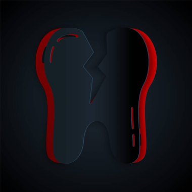 Kağıt kesiği siyah arka planda izole edilmiş kırık diş ikonu. Diş problemi ikonu. Diş sağlığı sembolü. Kağıt sanatı tarzı. Vektör