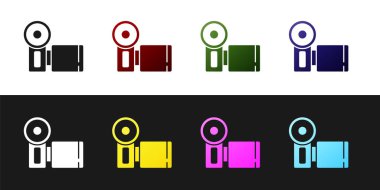 Kamera simgesini siyah beyaz arkaplanda izole et. Video kamera. Film tabelası. Film projektörü. Vektör