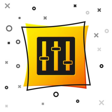 Siyah Ses Karıştırıcı simgesi beyaz arkaplanda izole edildi. DJ ekipman kaydırma düğmeleri. Konsol karıştırılıyor. Sarı kare düğme. Vektör