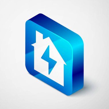 Isometric House ve şimşek ikonu gri arka planda izole edilmiş. Ev enerjisi. Mavi kare düğme. Vektör