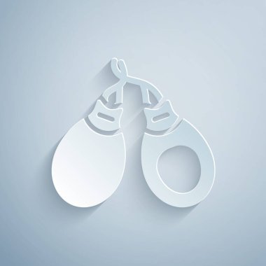 Kağıt kesiği, gri arkaplanda izole edilmiş müzikal enstrüman kastanet simgesi. Kağıt sanatı tarzı. Vektör