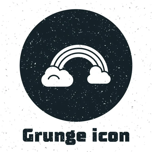 Grunge Rainbow met wolken pictogram geïsoleerd op witte achtergrond. Monochrome vintage tekening. Vector Illustratie — Stockvector