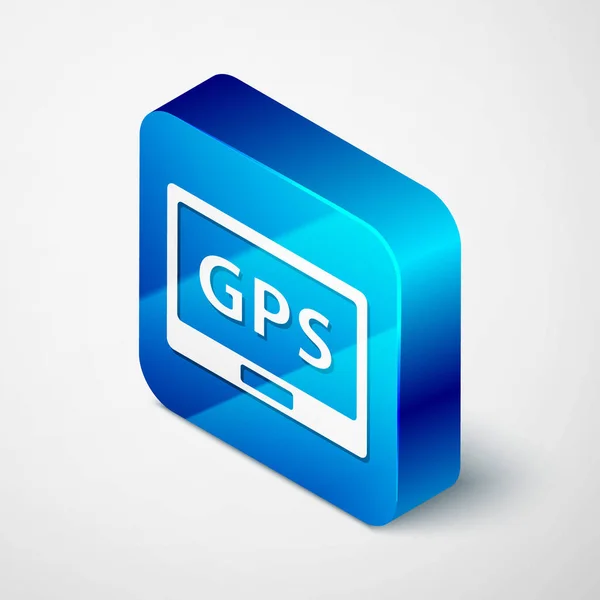Изометрическое устройство Gps с иконкой карты, выделенной на сером фоне. Синяя квадратная кнопка. Векторная миграция — стоковый вектор