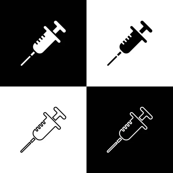 Установите значок шприца на черно-белом фоне. Шприц для вакцины, вакцинации, инъекции, прививки от гриппа. Медицинское оборудование. Вектор — стоковый вектор