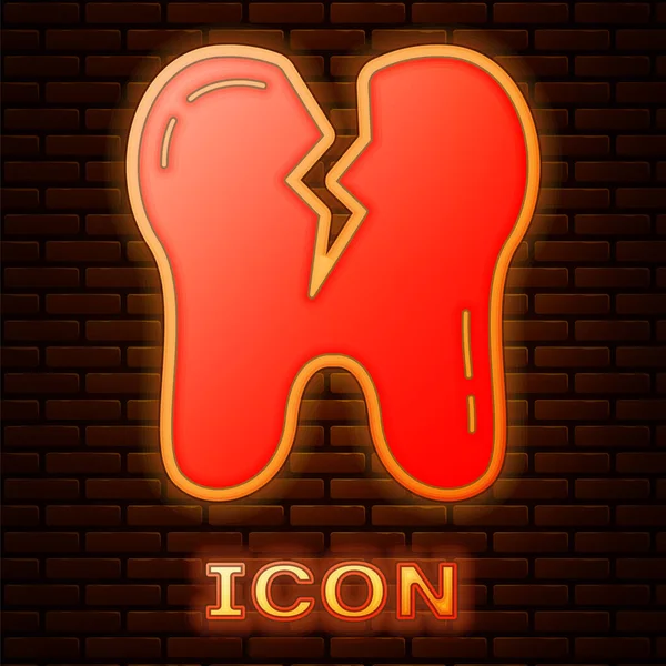 Leuchtende Neon Gebrochene Zähne Symbol isoliert auf Backsteinwand Hintergrund. Zahnproblem-Ikone. Zahnpflege-Symbol. Vektor — Stockvektor