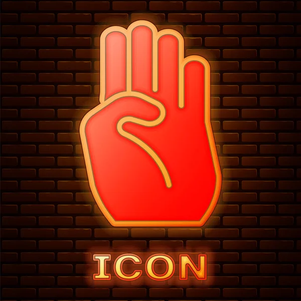 Zářící neonový indický symbol ruční ikona izolované na cihlové zdi pozadí. Vektor — Stockový vektor