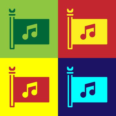 Pop sanat müzik festivali, erişim, bayrak, müzik notası ikonu renk arkaplanında izole edilmiş. Vektör