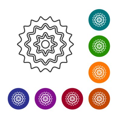 Siyah çizgi bisiklet kaseti dağ bisikleti ikonu beyaz arka planda izole edilmiş. Arka Bisiklet Sprocket. Zincirle krankset zincirleniyor. Simgeleri renk daire düğmelerine ayarla. Vektör