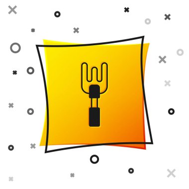 Siyah Bahçe tırmık simgesi beyaz arkaplanda izole edildi. Bahçecilik, tarım, çiftçilik aleti. Toprak işçisi. Temizlik ekipmanları. Sarı kare düğme. Vektör