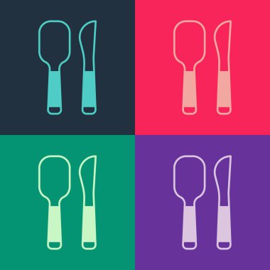 Pop Art Knife ve Kaşık ikonu renkli arka planda izole edilmiş. Mutfak aletleri. Çatal bıçak seti. Vektör