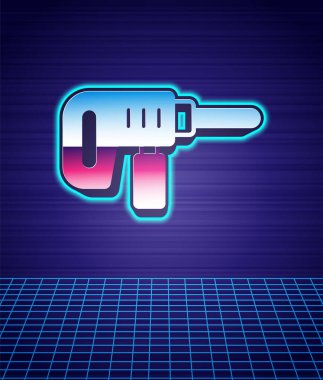 Retro stili elektrikli matkap ikonu izole edilmiş fütüristik manzara arka planı. Tamir aleti. 80 'lerin moda partisi. Vektör