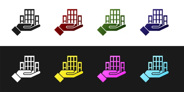 Set Icono rascacielos aislado sobre fondo blanco y negro. Arquitectura metrópolis paisaje panorámico. Vector — Archivo Imágenes Vectoriales