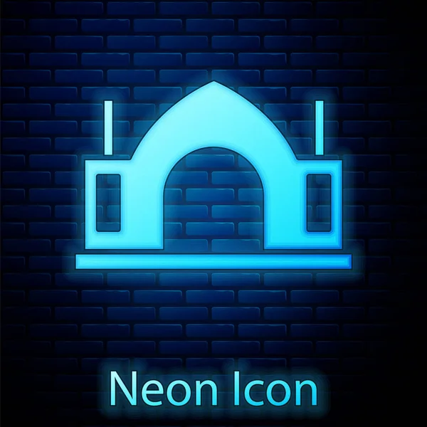 Glowing neon Hindu spiritual temple icon isolated on brick wall background. Vector — Stock Vector