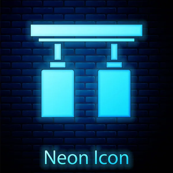 Néon brilhante Levou luzes de pista e lâmpadas com holofotes ícone isolado no fundo da parede de tijolo. Vetor — Vetor de Stock