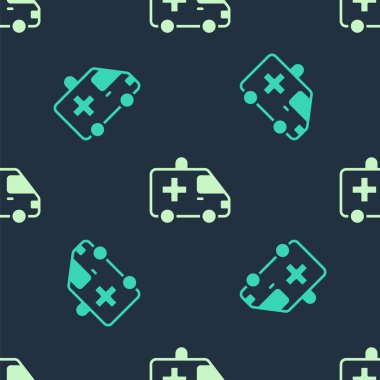 Yeşil ve bej ambülans ve acil durum arabası ikonu mavi arka planda izole edilmiş pürüzsüz desen. Ambulans aracı tıbbi tahliye. Vektör