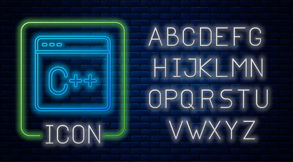 Glowing neon Software, web developer programming code icon isolated on brick wall background. Javascript computer script random parts of program code. Neon light alphabet. Vector — Stock Vector