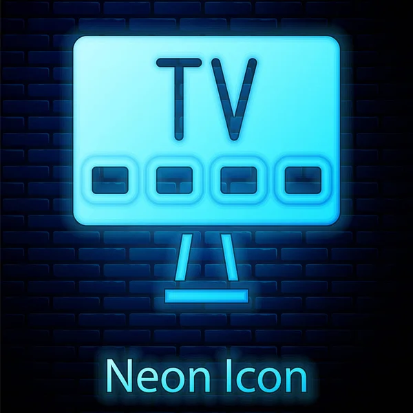 Gloeiende neon Smart Tv icoon geïsoleerd op bakstenen muur achtergrond. Televisieteken. Vector — Stockvector