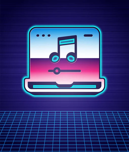画面アイコン上の音楽ノート記号とレトロスタイルのラップトップは、未来的な風景の背景を隔離しました。80年代のファッションパーティー。ベクトル — ストックベクタ