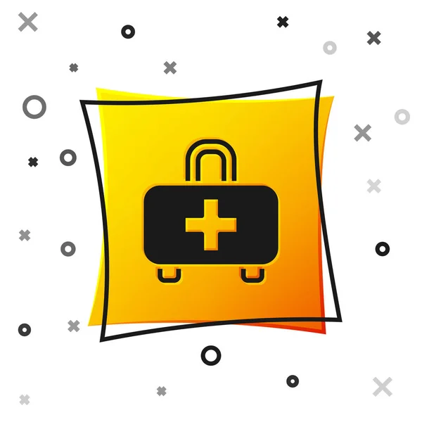 Μαύρο κουτί πρώτων βοηθειών απομονωμένο σε λευκό φόντο. Ιατρικό κουτί με σταυρό. Ιατρικός εξοπλισμός για έκτακτη ανάγκη. Υγιεινή έννοια. Κουμπί κίτρινο τετράγωνο. Διάνυσμα — Διανυσματικό Αρχείο