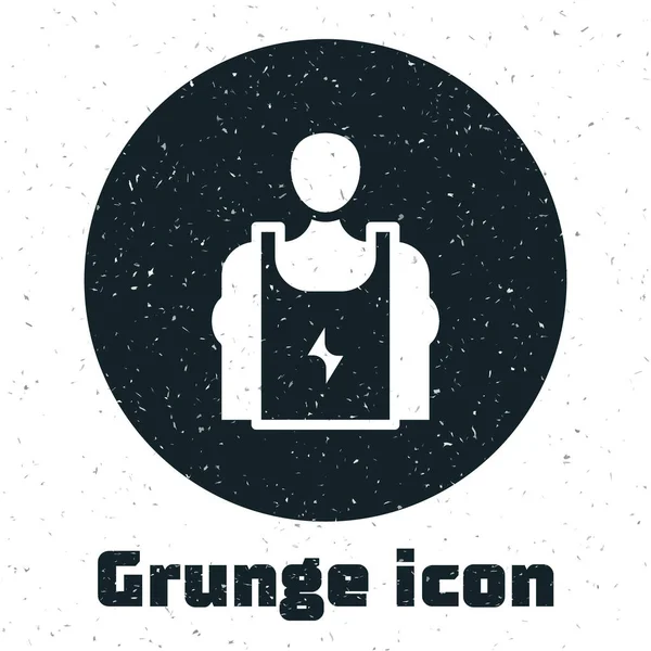 Grunge testépítő mutatja izmait ikon elszigetelt fehér háttérrel. Fitnesz erő egészség hobbi koncepció. Monokróm vintage rajz. Vektor — Stock Vector