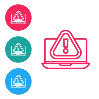 Beyaz zemin üzerinde ünlem işareti simgesi olan kırmızı çizgi dizüstü bilgisayarı. Uyarı mesajı akıllı telefon uyarısı. Simgeleri daire düğmelerine ayır. Vektör İllüstrasyonu