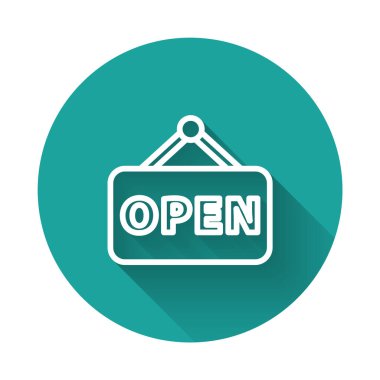 Beyaz çizgi asma işareti ve uzun gölgeli açık kapı simgesi. Yeşil daire düğmesi. Vektör İllüstrasyonu