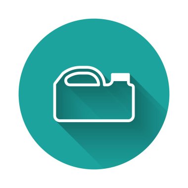 Motor makine yağı ikonu için uzun gölgeli beyaz çizgi plastik kutu. Benzin bidonu. Yağ değiştirme ve onarım servisi. Yeşil daire düğmesi. Vektör İllüstrasyonu
