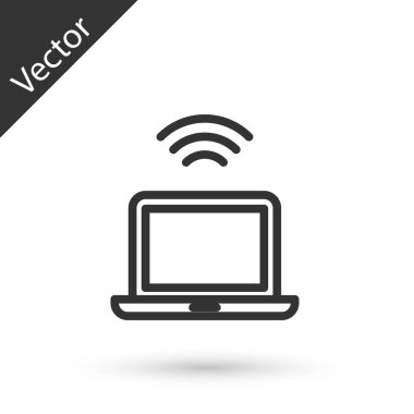 Gri çizgi kablosuz dizüstü bilgisayar simgesi beyaz arkaplanda izole edildi. İnternet kavramının kablosuz bağlantısı. Vektör