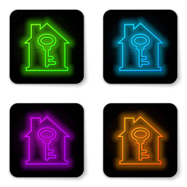 Beyaz arkaplanda anahtar simgesi olan parlak neon hattı House. Ev anahtarının konsepti. Siyah kare düğme. Vektör