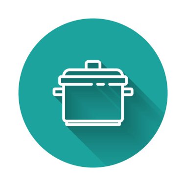 Beyaz çizgi tencere ikonu uzun gölgeli izole edilmiş. Haşlama ya da güveç besin sembolü. Yeşil daire düğmesi. Vektör