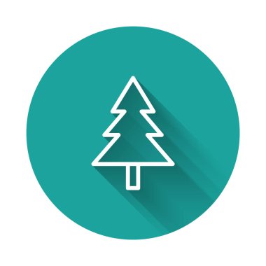 Uzun gölgeli beyaz çizgi Noel ağacı simgesi. Mutlu Noeller ve mutlu yıllar. Yeşil daire düğmesi. Vektör