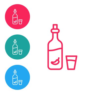 Beyaz arka planda izole edilmiş kırmızı çizgili biber ve cam ikonlu votka. Ukrayna ulusal alkolü. Simgeleri daire düğmelerine ayır. Vektör