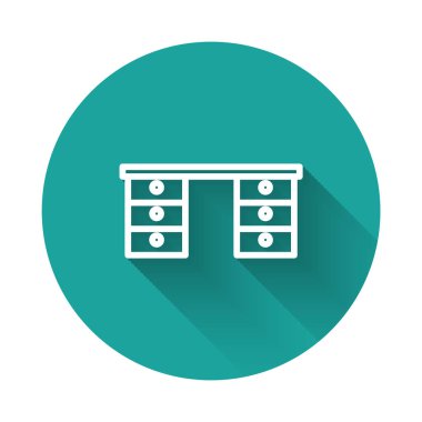 Beyaz çizgi ofis masa simgesi uzun gölgeli izole edilmiş. Yeşil daire düğmesi. Vektör