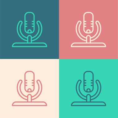 Pop sanat çizgisi mikrofon simgesi renk arkaplanında izole edildi. Radyodaki mikrofondan. Sözcü işareti. Vektör