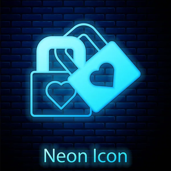 Bloqueo de neón brillante con icono del corazón aislado en el fondo de la pared de ladrillo. Corazón bloqueado. Signo de amor y cerradura. Símbolo de San Valentín. Vector — Vector de stock