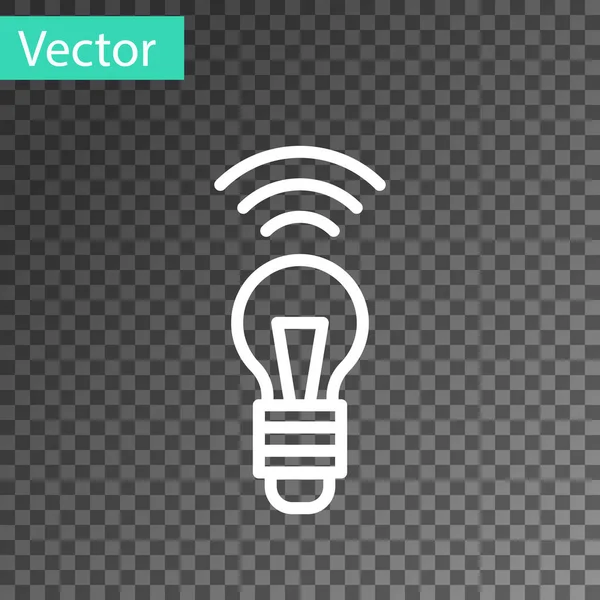 Línea blanca Icono inteligente del sistema de bombillas aislado sobre fondo transparente. Símbolo de energía e idea. Concepto de Internet de las cosas con conexión inalámbrica. Vector — Vector de stock