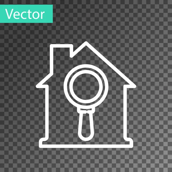 Línea blanca Icono de la casa de búsqueda aislado sobre fondo transparente. Símbolo inmobiliario de una casa bajo lupa. Vector — Archivo Imágenes Vectoriales