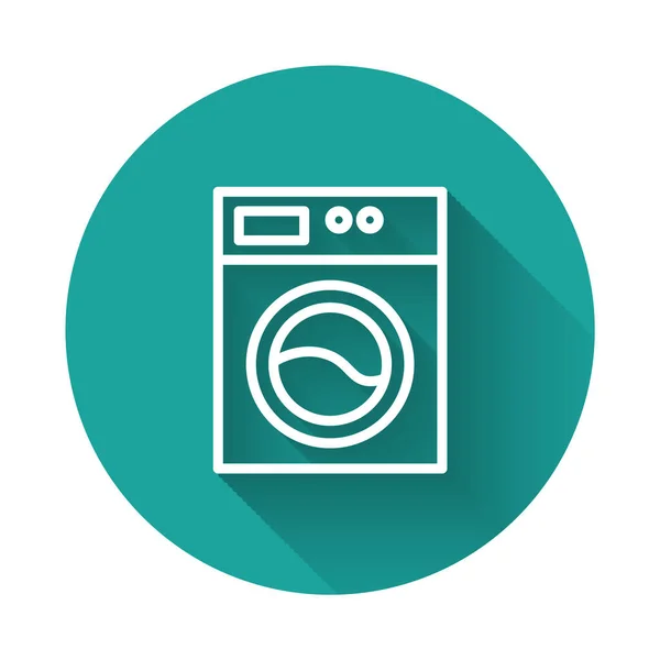 Weiße Linie Unterlegscheibe Symbol isoliert mit langem Schatten. Waschmaschinensymbol. Kleiderwaschmaschine - Waschmaschine. Haushaltsgerätesymbol. Grüner Kreis-Knopf. Vektor — Stockvektor