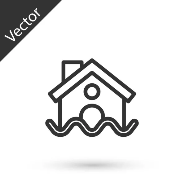 Grey line House flood icon isolated on white background. Home flooding under water. Insurance concept. Security, safety, protection, protect concept.. — Stock Vector