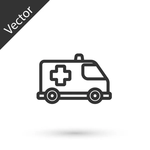 Linea grigia Icona dell'ambulanza e dell'auto di emergenza isolata su sfondo bianco. Evacuazione medica del veicolo di ambulanza. Vettore. — Vettoriale Stock