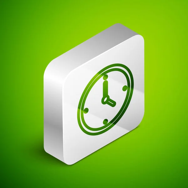 Icono de reloj de línea isométrica aislado sobre fondo verde. Símbolo de tiempo. Botón cuadrado plateado. Vector — Vector de stock