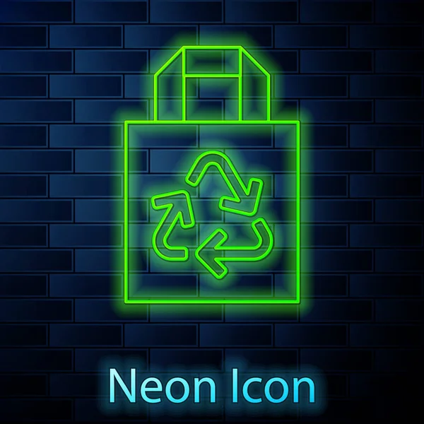 Leuchtende Neon-Linie Papier Einkaufstasche mit Recycling-Symbol isoliert auf Backsteinwand Hintergrund. Tasche mit Recycling-Symbol. Vektor — Stockvektor