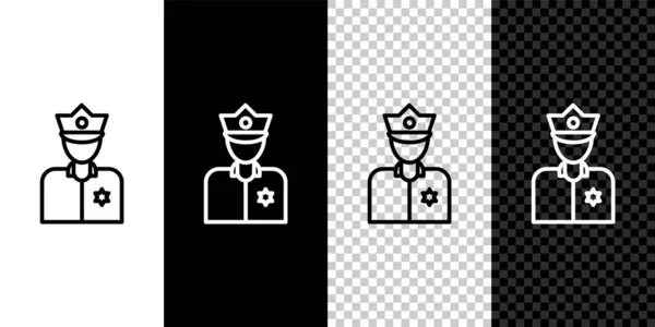 Ρύθμιση γραμμής εικονίδιο αστυνομικός απομονώνονται σε μαύρο και άσπρο φόντο. Διάνυσμα — Διανυσματικό Αρχείο