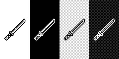 Geleneksel Japon katana simgesini siyah beyaz, şeffaf arkaplanda izole et. Japon kılıcı. Vektör