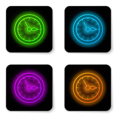 Parlayan neon hattı sauna saat simgesi beyaz arkaplanda izole edildi. Sauna zamanlayıcısı. Siyah kare düğme. Vektör